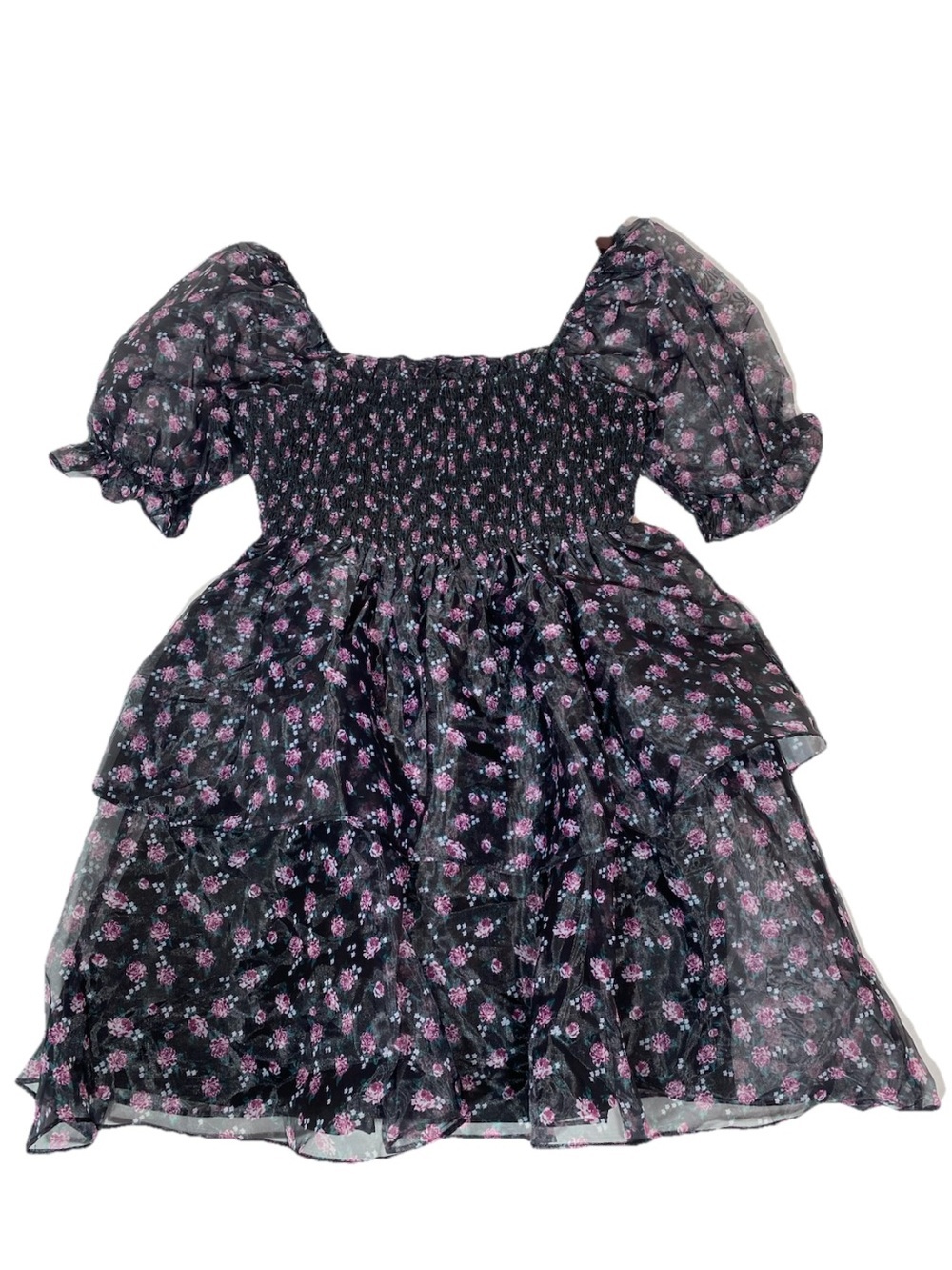 Endless Rose Black Floral Puff Sleeve Baby Doll Dress Women's Size Medium